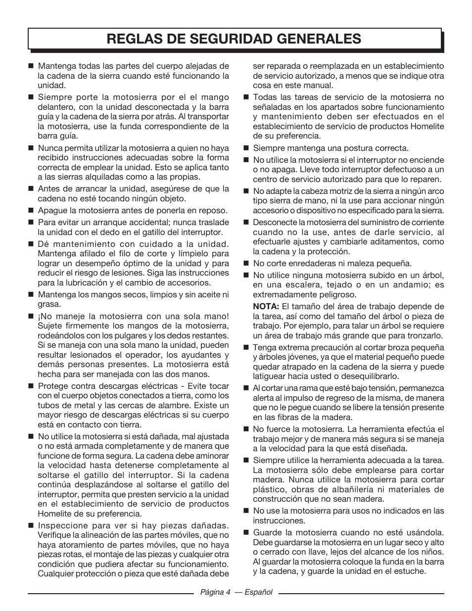 Reglas de seguridad generales | Homelite UT43122 User Manual | Page 60 / 88