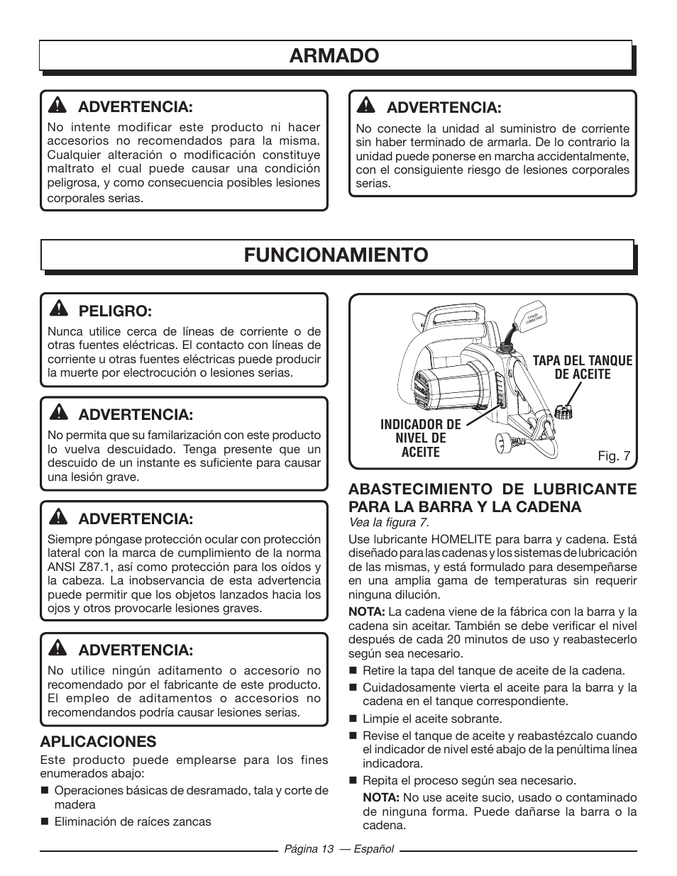 Armado, Funcionamiento, Advertencia | Peligro, Aplicaciones | Homelite UT43122 User Manual | Page 69 / 88