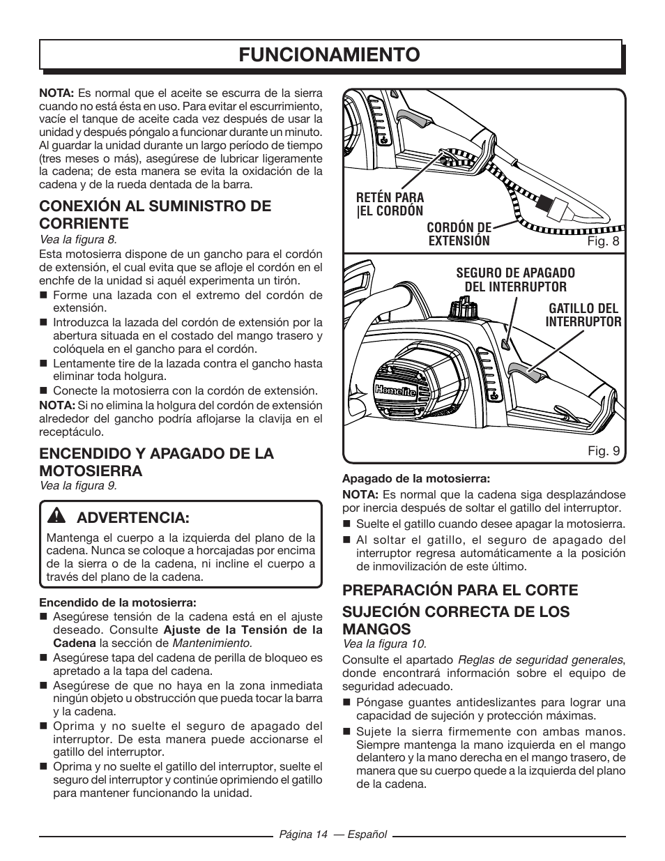 Funcionamiento, Conexión al suministro de corriente, Encendido y apagado de la motosierra | Advertencia | Homelite UT43122 User Manual | Page 70 / 88