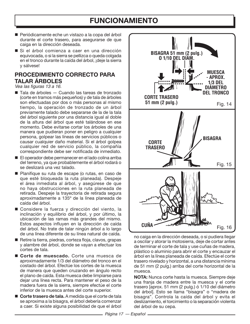 Funcionamiento, Procedimiento correcto para talar árboles | Homelite UT43122 User Manual | Page 73 / 88