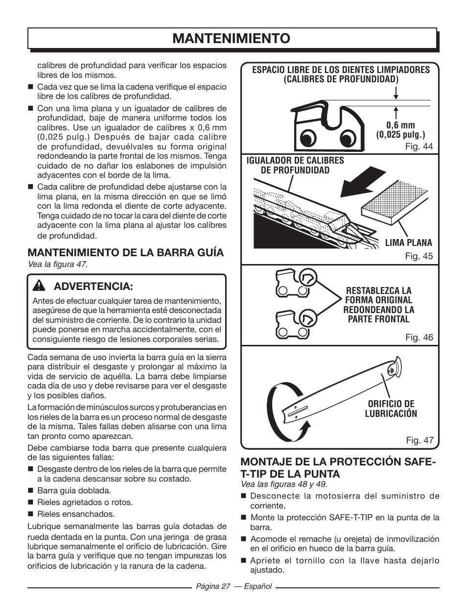 Mantenimiento, Mantenimiento de la barra guía, Advertencia | Montaje de la protección safe- t-tip de la punta | Homelite UT43122 User Manual | Page 83 / 88