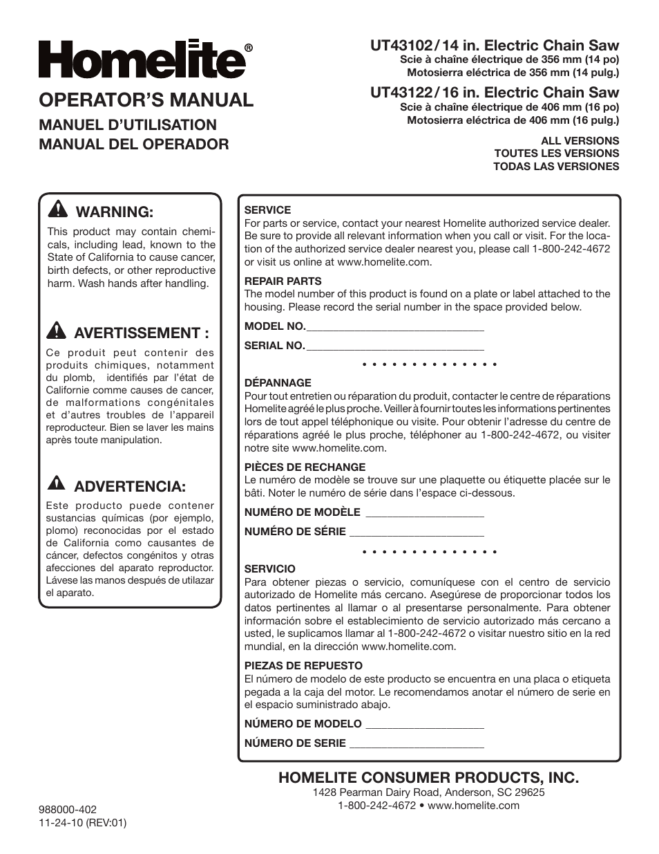 Operator’s manual, Homelite consumer products, inc, Warning | Avertissement, Advertencia, Manuel d’utilisation manual del operador | Homelite UT43122 User Manual | Page 88 / 88