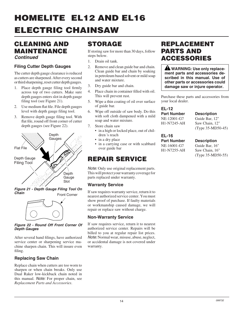 Electric chainsaw homelite el12 and el16, Storage cleaning and maintenance, Replacement parts and accessories | Repair service | Homelite EL16 User Manual | Page 14 / 16