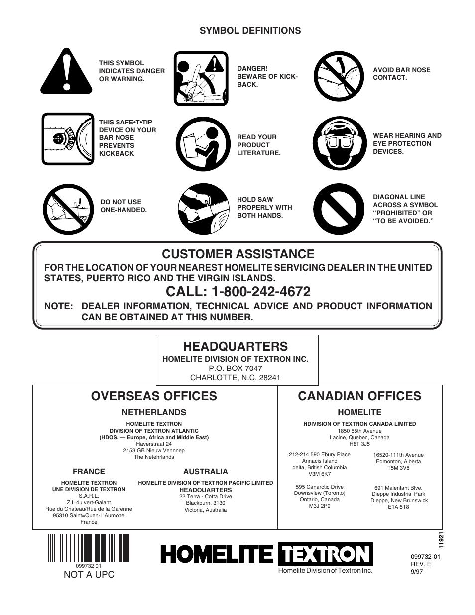 Customer assistance, Headquarters, Overseas offices | Canadian offices, Symbol definitions, Not a upc, Netherlands, Homelite | Homelite EL16 User Manual | Page 16 / 16