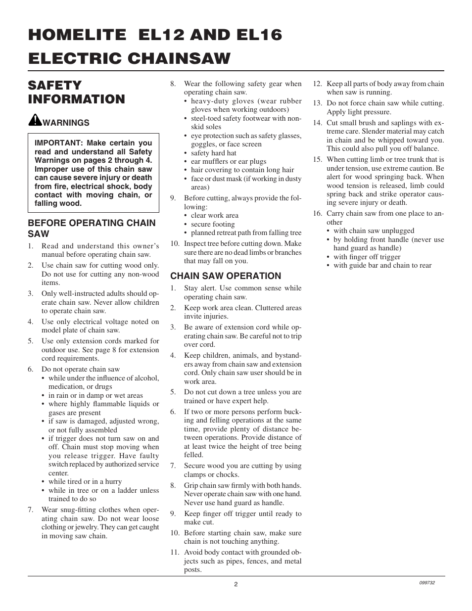 Electric chainsaw homelite el12 and el16, Safety information | Homelite EL16 User Manual | Page 2 / 16