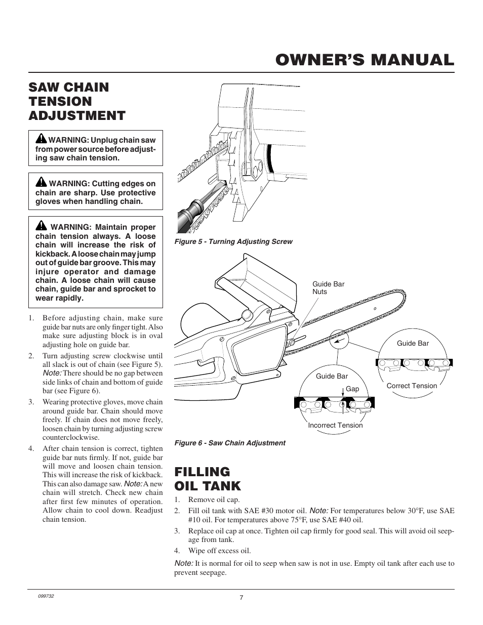 Owner’s manual, Saw chain tension adjustment, Filling oil tank | Homelite EL16 User Manual | Page 7 / 16