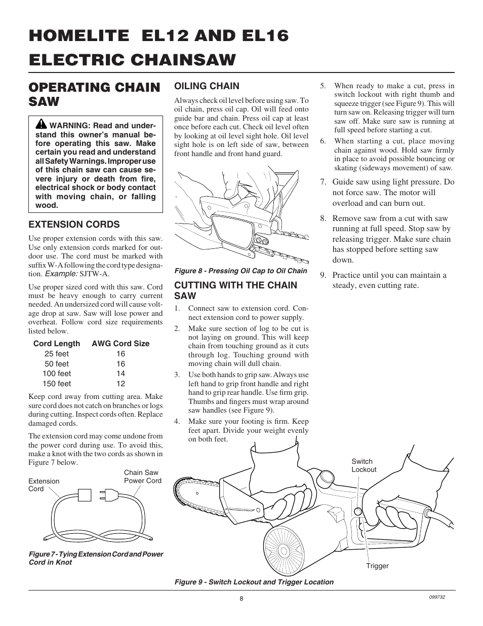 Electric chainsaw homelite el12 and el16, Operating chain saw | Homelite EL16 User Manual | Page 8 / 16