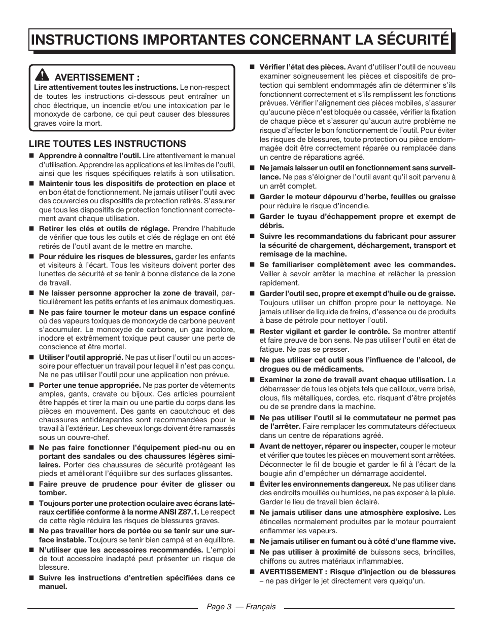Instructions importantes concernant la sécurité, Avertissement, Lire toutes les instructions | Homelite UT80432 User Manual | Page 22 / 52