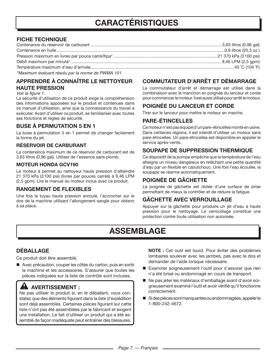 Caractéristiques, Assemblage | Homelite UT80432 User Manual | Page 26 / 52