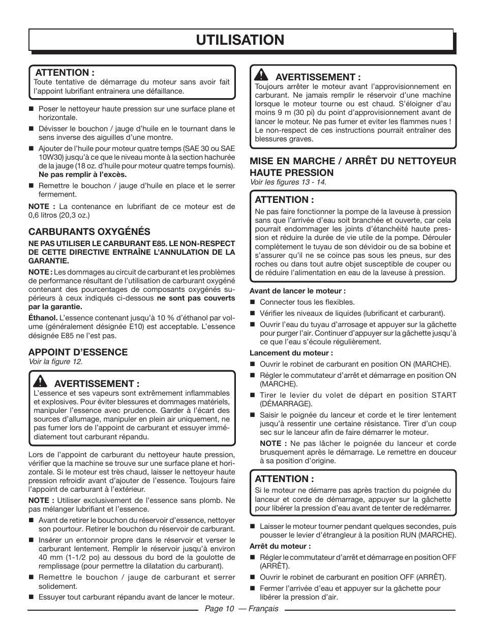 Utilisation, Attention, Carburants oxygénés | Appoint d’essence, Avertissement, Mise en marche / arrêt du nettoyeur haute pression | Homelite UT80432 User Manual | Page 29 / 52