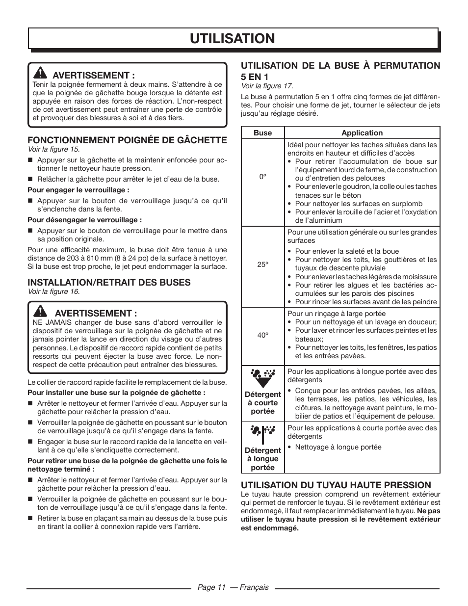 Utilisation, Avertissement, Fonctionnement poignée de gâchette | Installation/retrait des buses, Utilisation de la buse à permutation 5 en 1, Utilisation du tuyau haute pression | Homelite UT80432 User Manual | Page 30 / 52