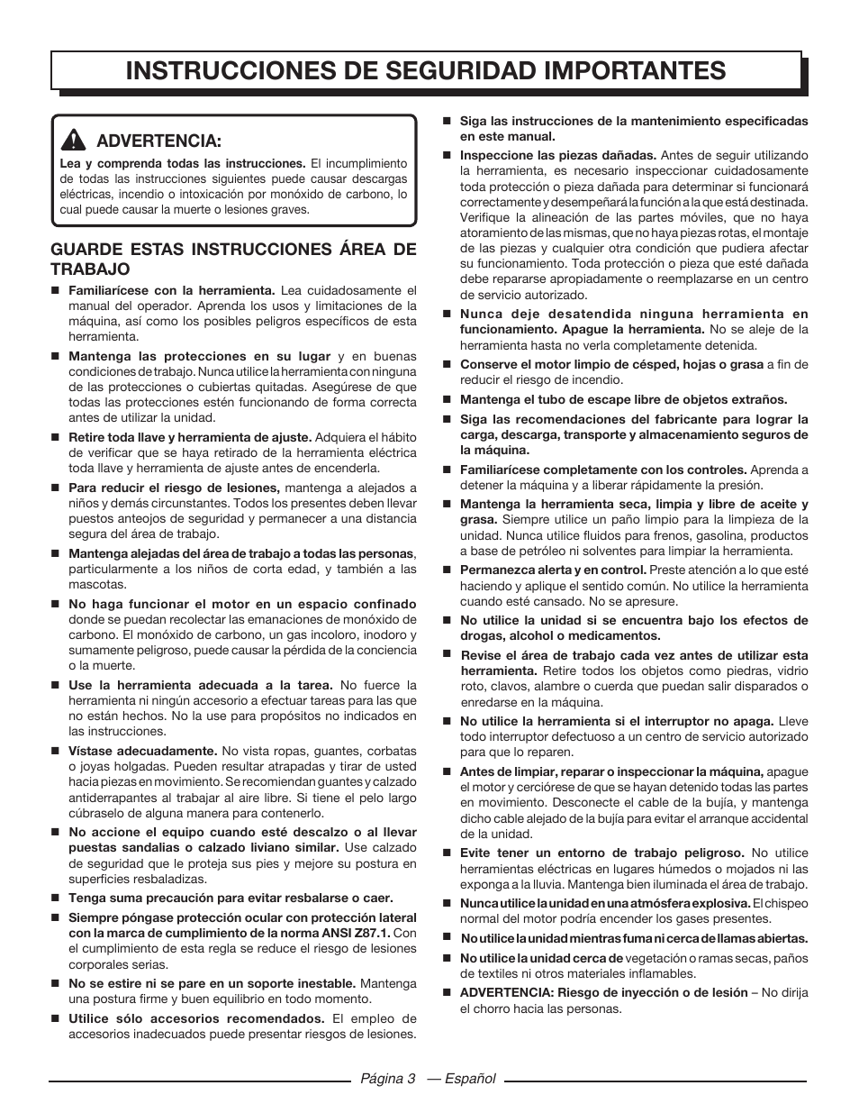 Instrucciones de seguridad importantes, Advertencia, Guarde estas instrucciones área de trabajo | Homelite UT80432 User Manual | Page 37 / 52