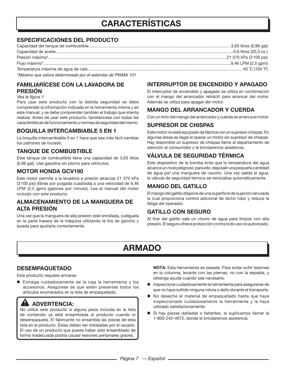 Características, Armado | Homelite UT80432 User Manual | Page 41 / 52