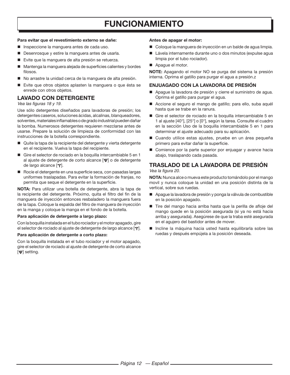 Funcionamiento, Lavado con detergente, Traslado de la lavadora de presión | Homelite UT80432 User Manual | Page 46 / 52