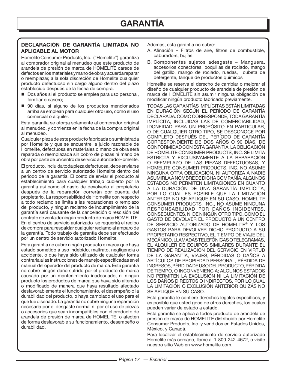 Garantía | Homelite UT80432 User Manual | Page 51 / 52