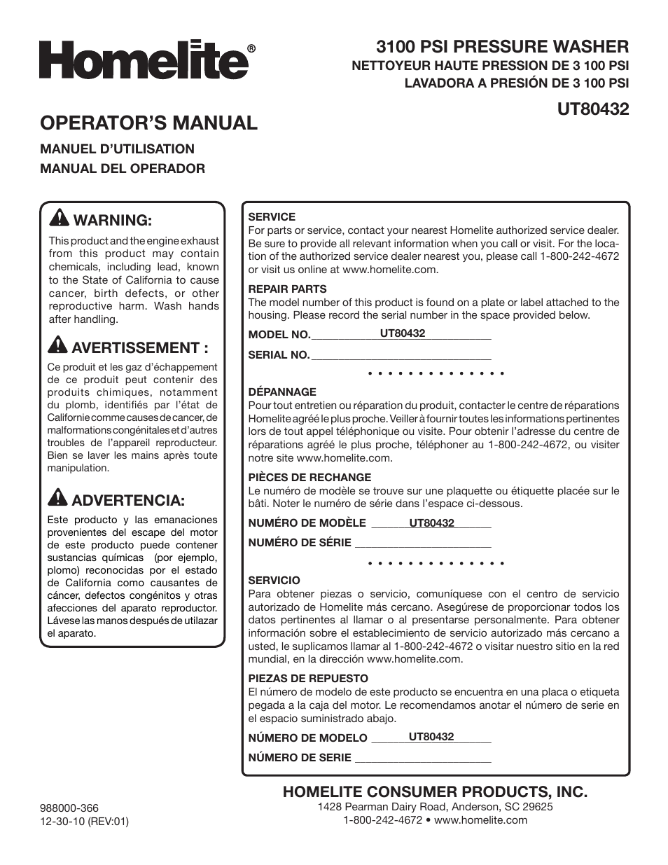 Operator’s manual, 3100 psi pressure washer, Homelite consumer products, inc | Warning, Avertissement, Advertencia | Homelite UT80432 User Manual | Page 52 / 52