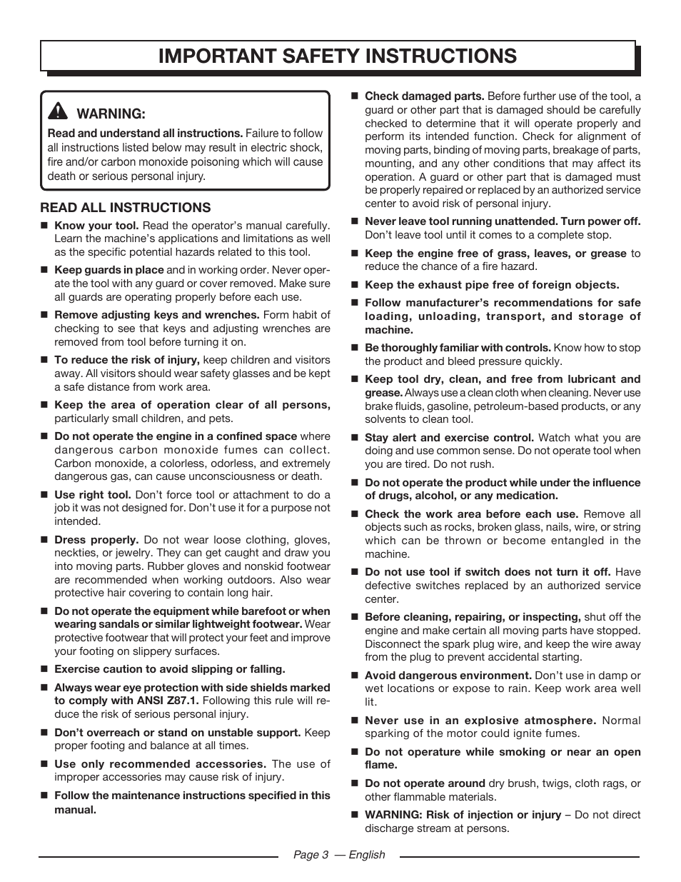 Important safety instructions, Warning | Homelite UT80432 User Manual | Page 7 / 52