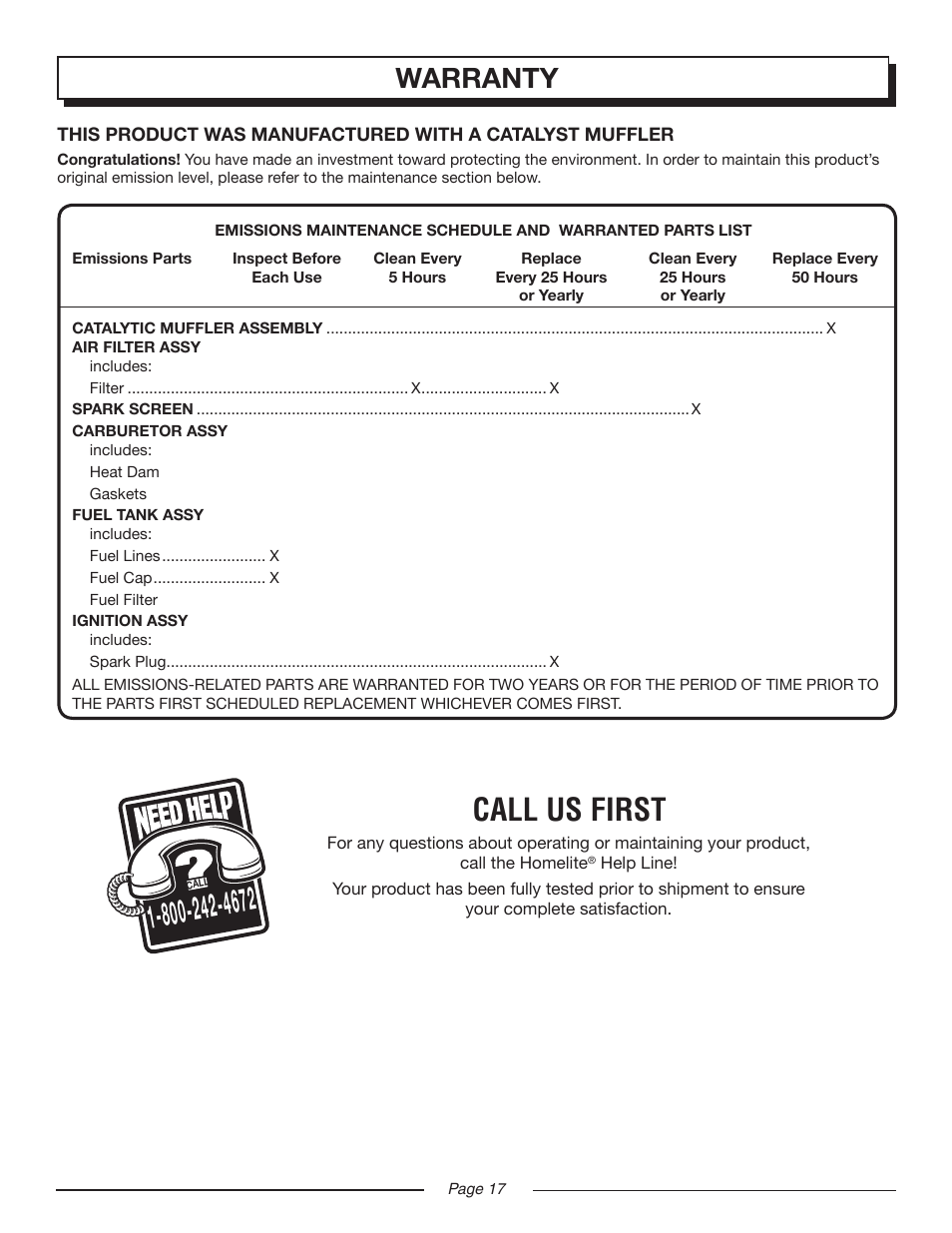 Call us first, Warranty | Homelite YARD BROOM II UT08514 User Manual | Page 17 / 18