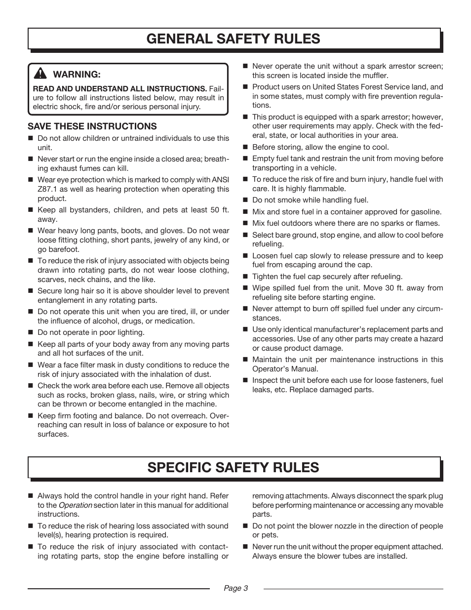 General safety rules specific safety rules | Homelite YARD BROOM II UT08514 User Manual | Page 3 / 18