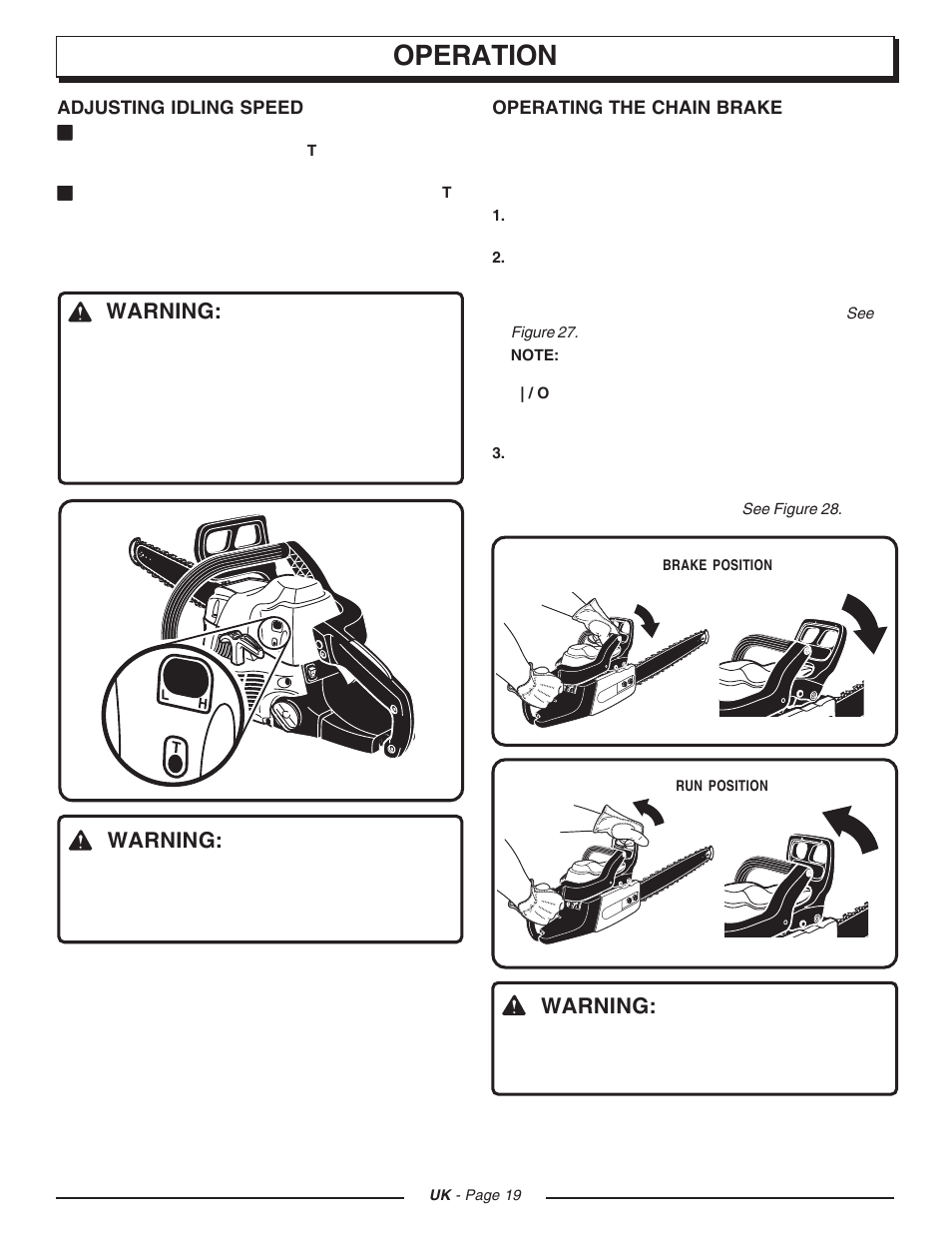 Operation, Warning | Homelite CSP3816 User Manual | Page 19 / 40