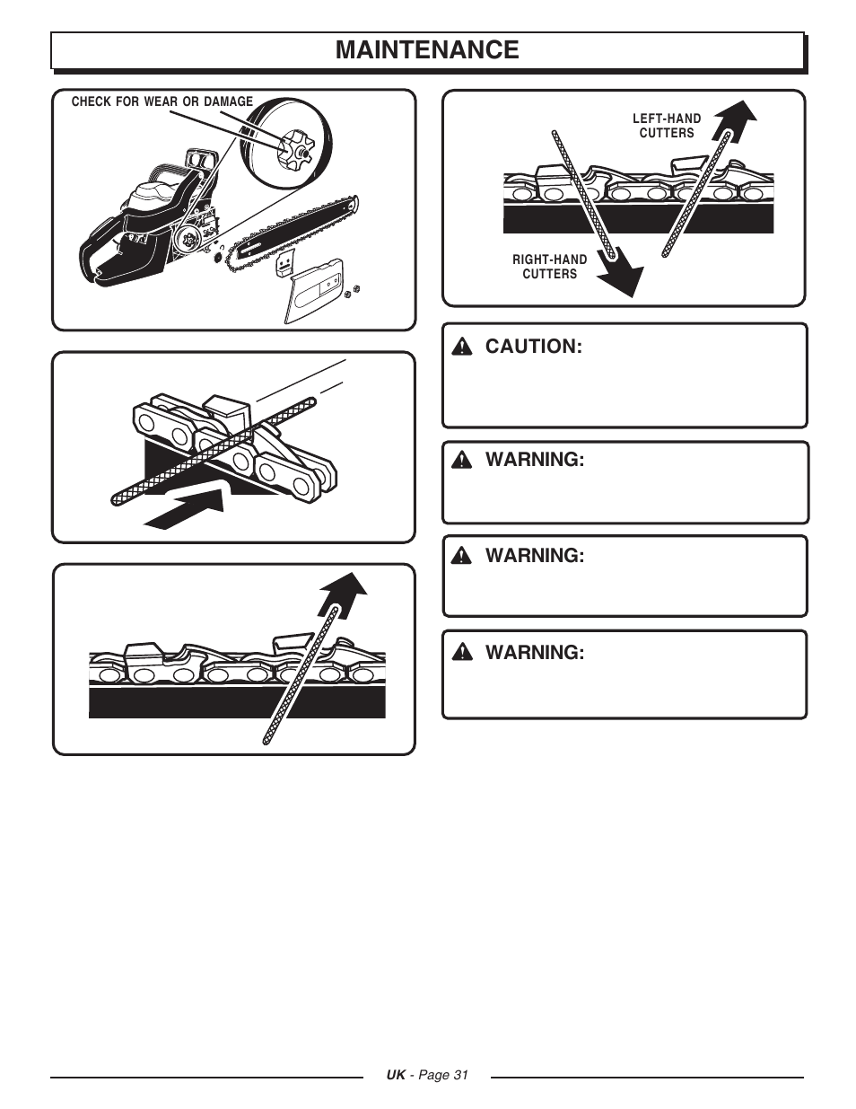 Maintenance, Caution, Warning | Homelite CSP3816 User Manual | Page 31 / 40