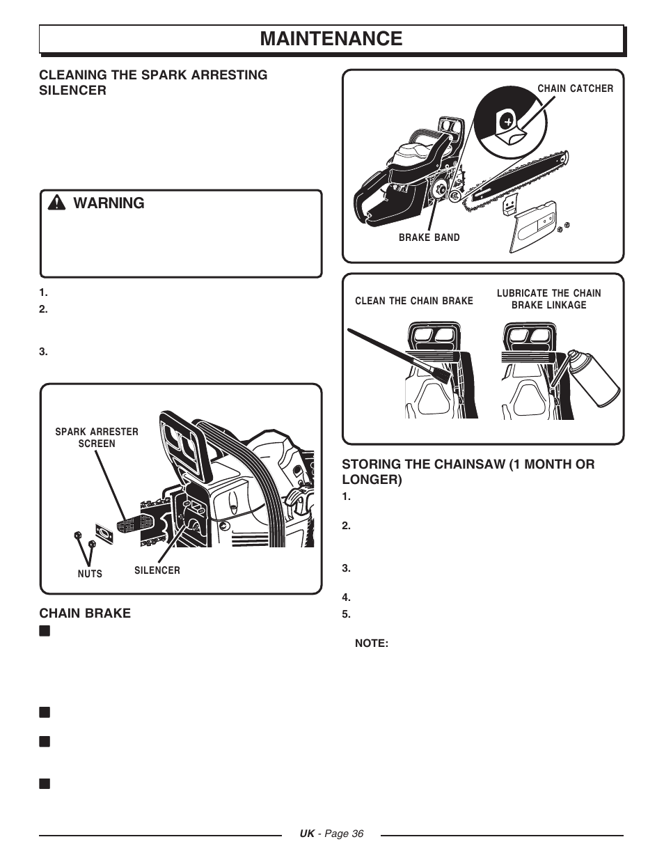 Maintenance, Warning | Homelite CSP3816 User Manual | Page 36 / 40