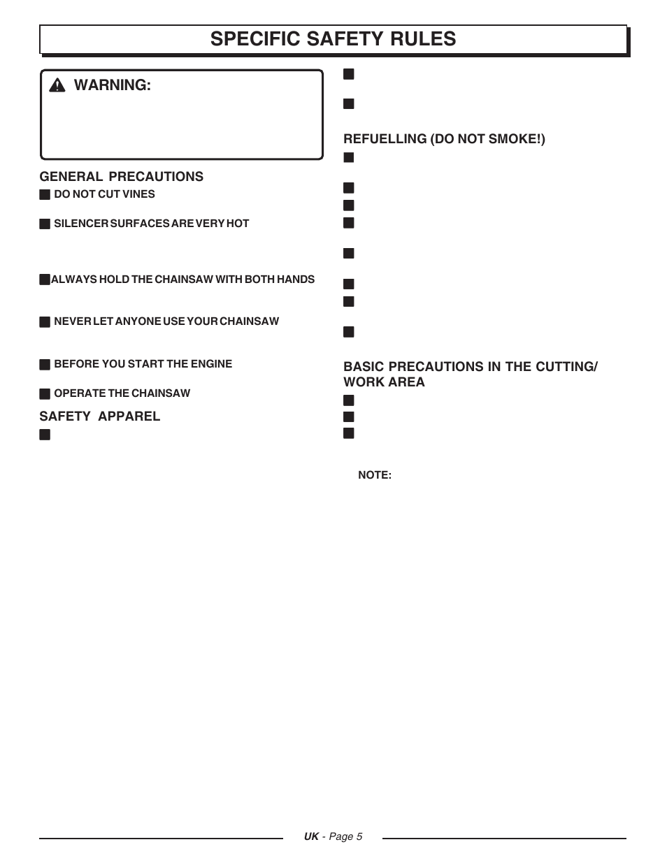 Specific safety rules, Warning | Homelite CSP3816 User Manual | Page 5 / 40