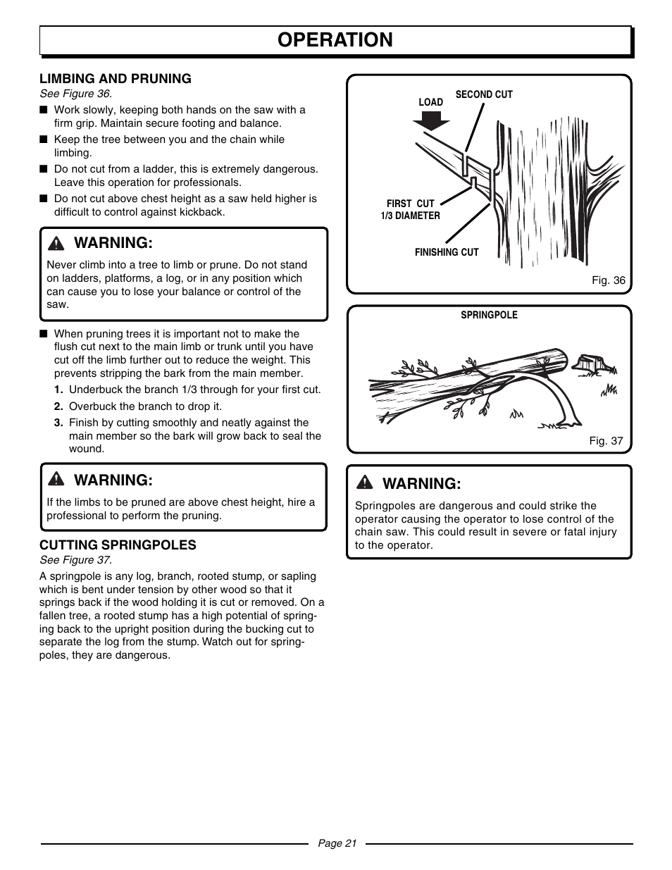 Operation, Warning | Homelite UT10530 User Manual | Page 21 / 36