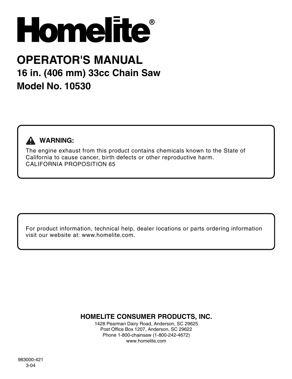 Operator's manual | Homelite UT10530 User Manual | Page 36 / 36