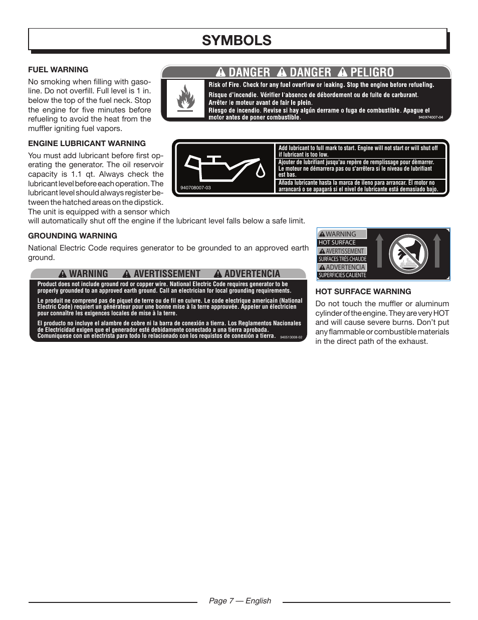 Symbols, Warning advertencia avertissement | Homelite HGCA5700 User Manual | Page 11 / 60