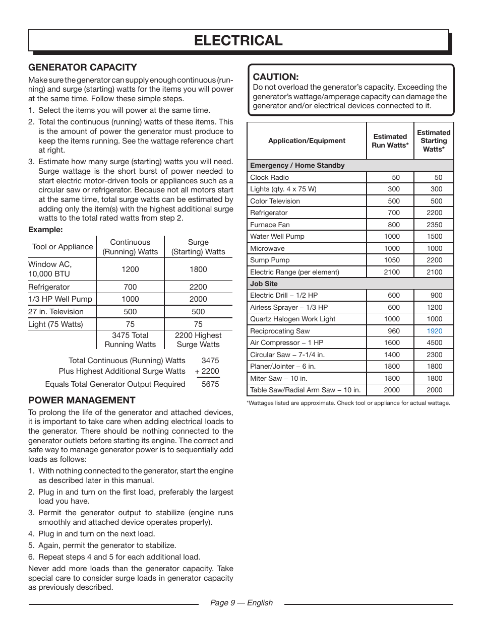 Electrical | Homelite HGCA5700 User Manual | Page 13 / 60