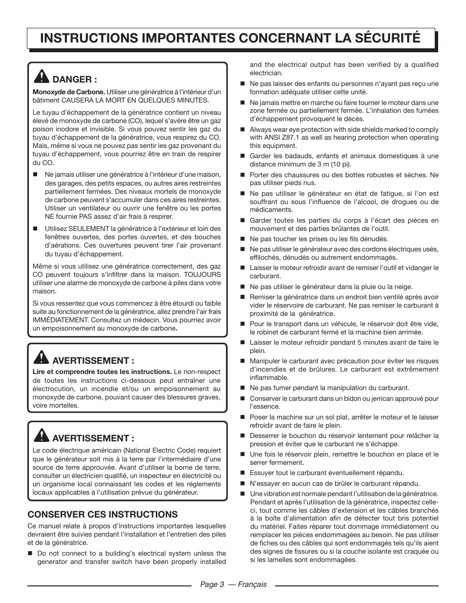 Instructions importantes concernant la sécurité, Danger, Avertissement | Conserver ces instructions | Homelite HGCA5700 User Manual | Page 25 / 60