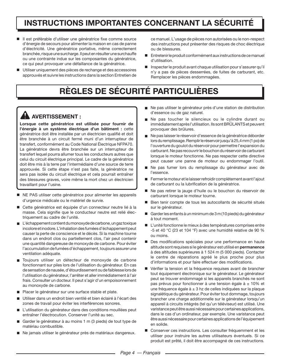 Règles de sécurité particulières, Instructions importantes concernant la sécurité | Homelite HGCA5700 User Manual | Page 26 / 60