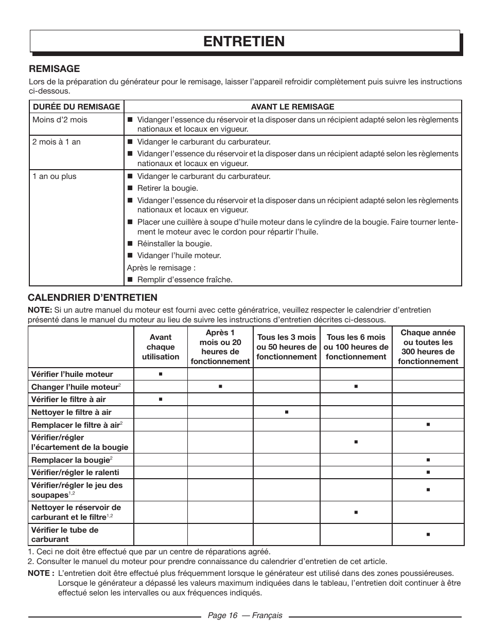 Entretien | Homelite HGCA5700 User Manual | Page 38 / 60