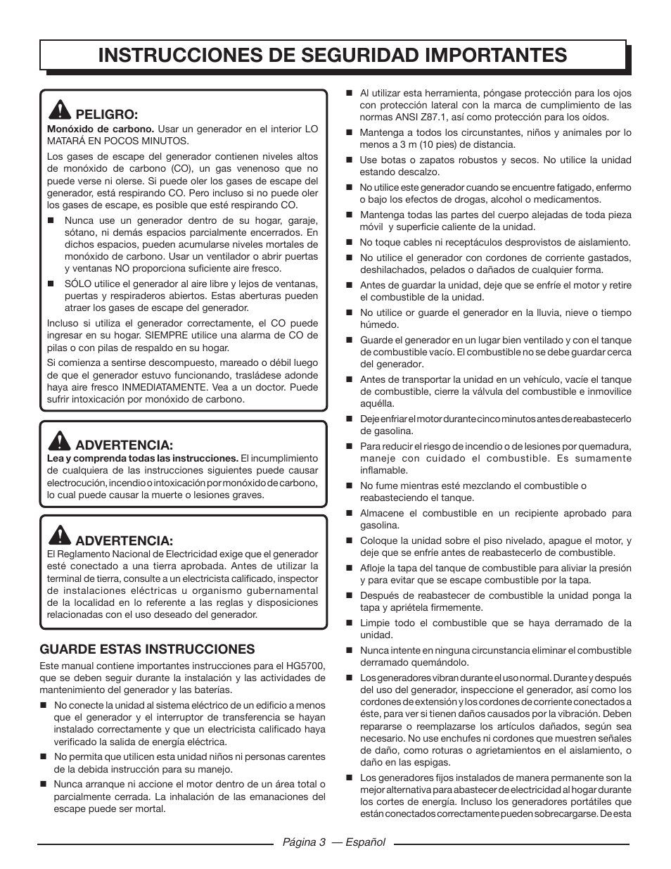 Instrucciones de seguridad importantes, Peligro, Advertencia | Guarde estas instrucciones | Homelite HGCA5700 User Manual | Page 43 / 60