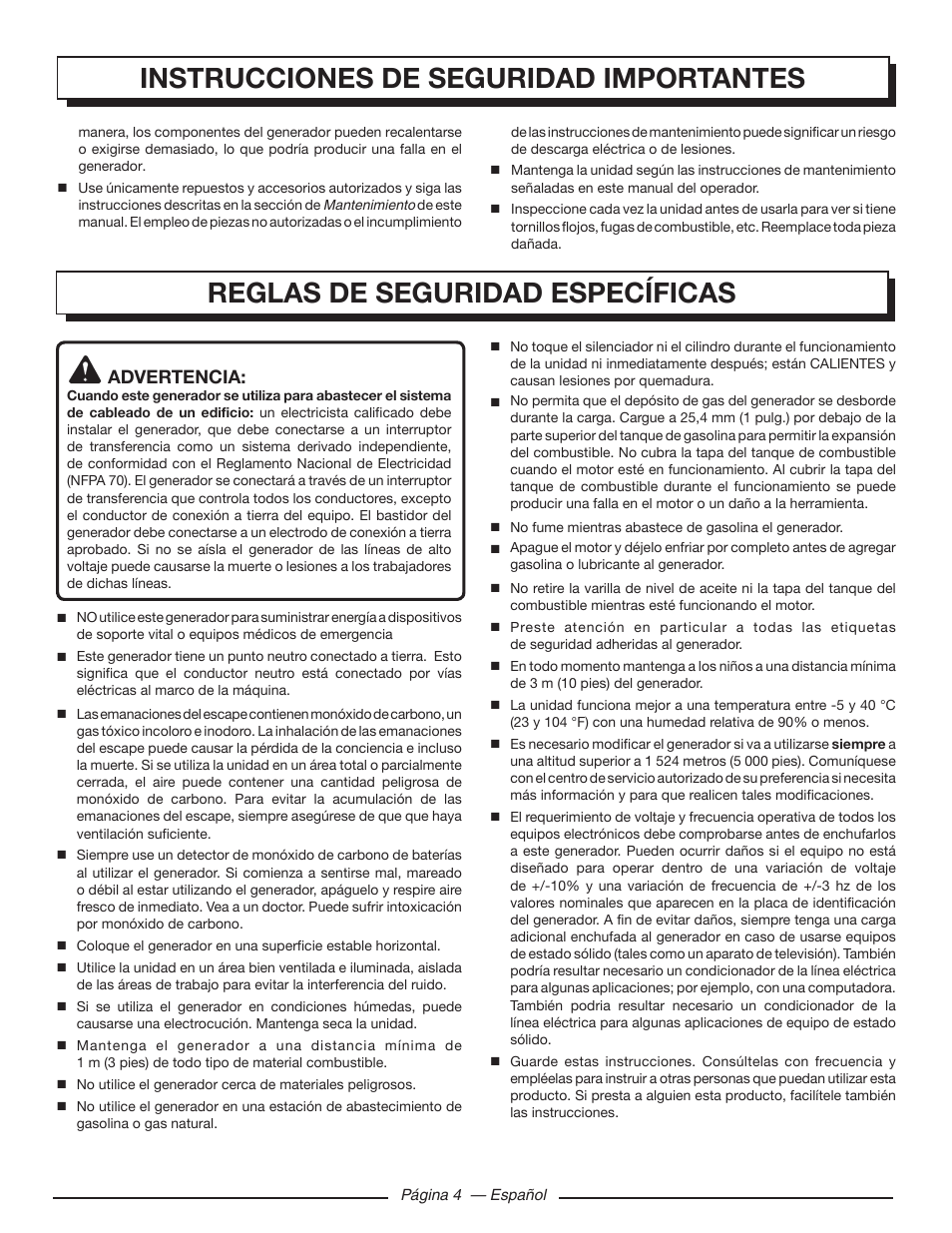 Reglas de seguridad específicas, Instrucciones de seguridad importantes | Homelite HGCA5700 User Manual | Page 44 / 60