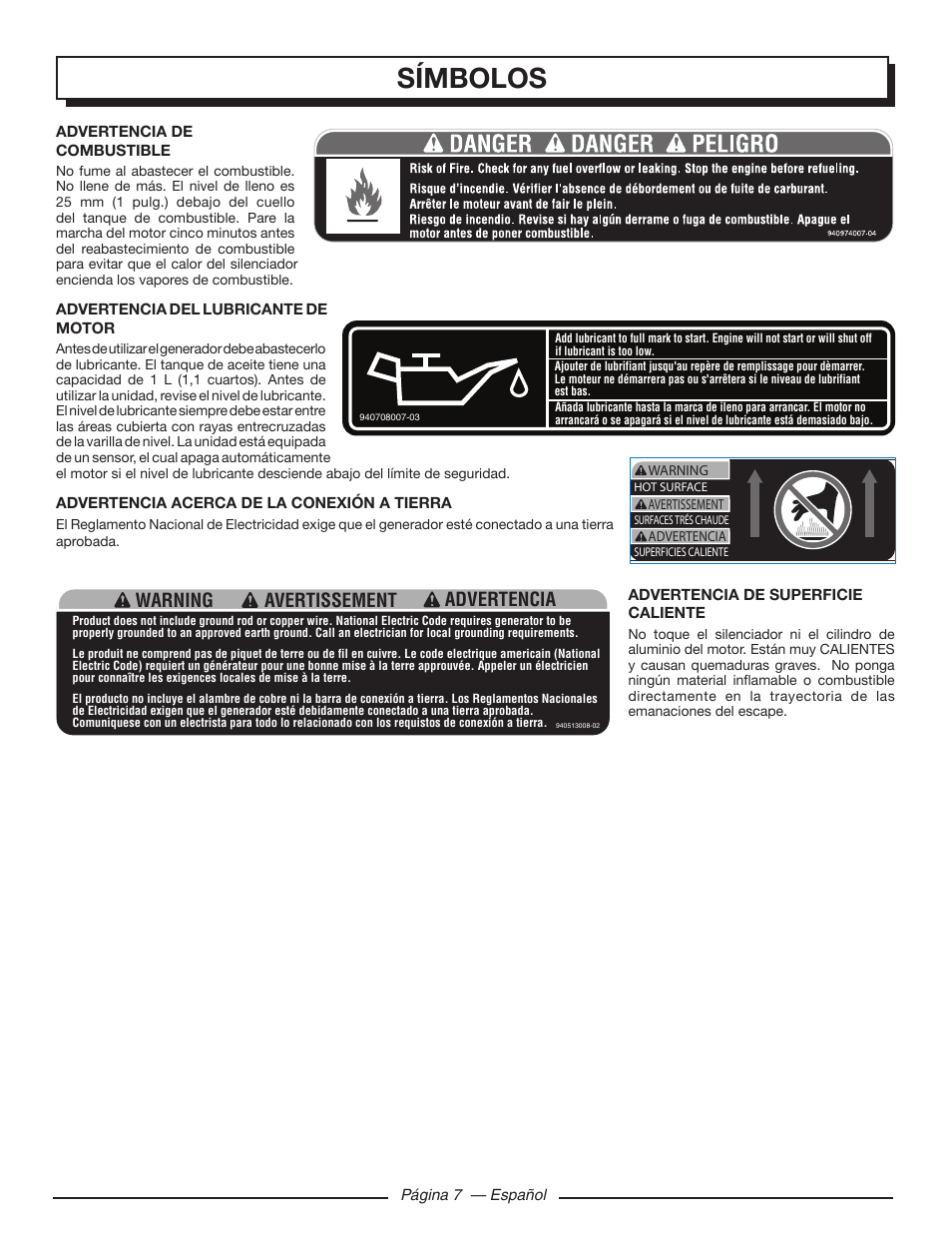 Símbolos, Warning advertencia avertissement | Homelite HGCA5700 User Manual | Page 47 / 60