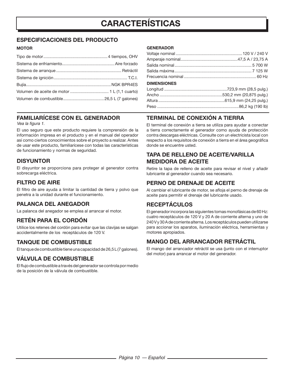 Características | Homelite HGCA5700 User Manual | Page 50 / 60