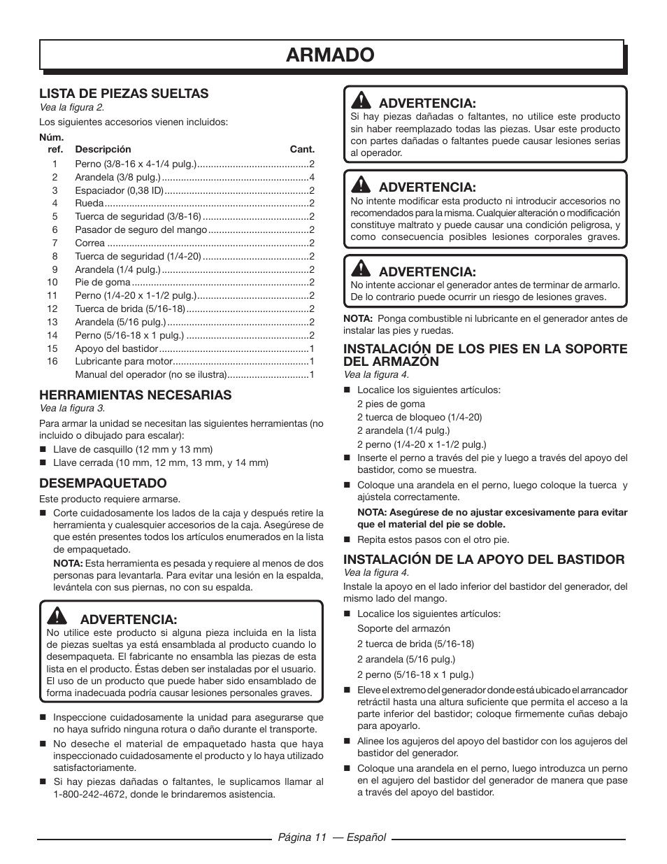 Armado, Lista de piezas sueltas, Herramientas necesarias | Desempaquetado, Advertencia, Instalación de los pies en la soporte del armazón, Instalación de la apoyo del bastidor | Homelite HGCA5700 User Manual | Page 51 / 60