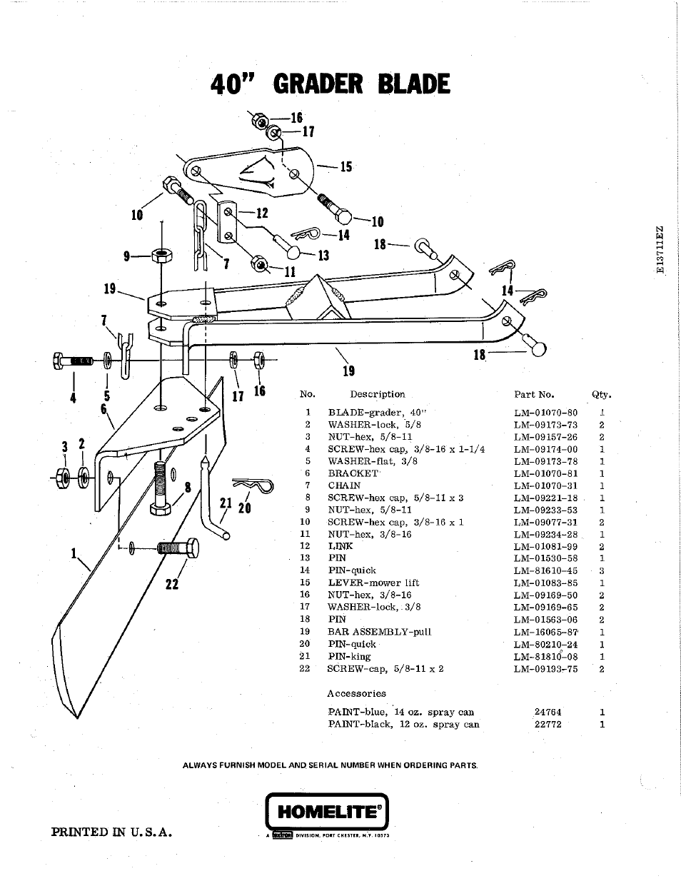 40” grader bude, Printed ш u.s. a, Homelite | Homelite 40" User Manual | Page 2 / 2