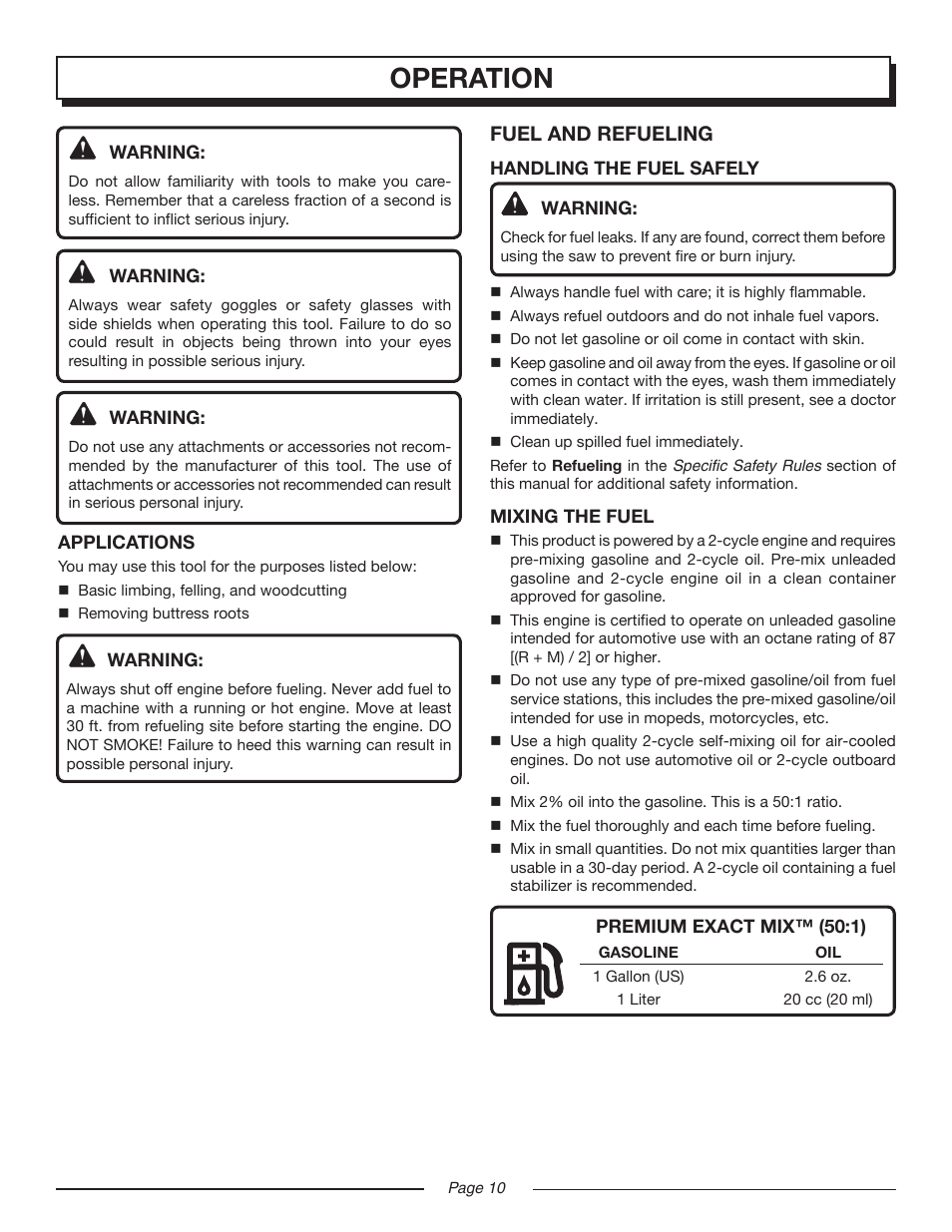 Operation, Fuel and refueling | Homelite UT10552 User Manual | Page 10 / 38
