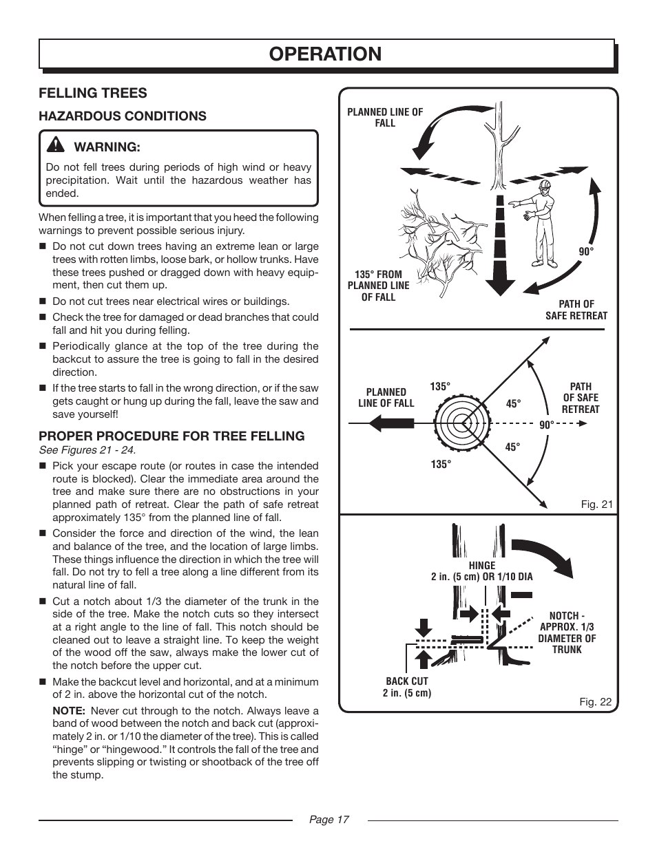 Operation, Felling trees | Homelite UT10552 User Manual | Page 17 / 38