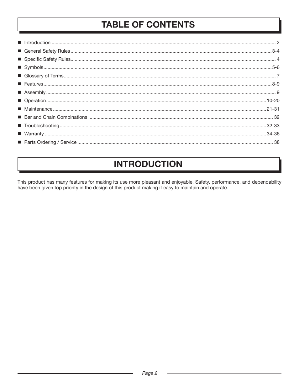 Table of contents introduction | Homelite UT10552 User Manual | Page 2 / 38