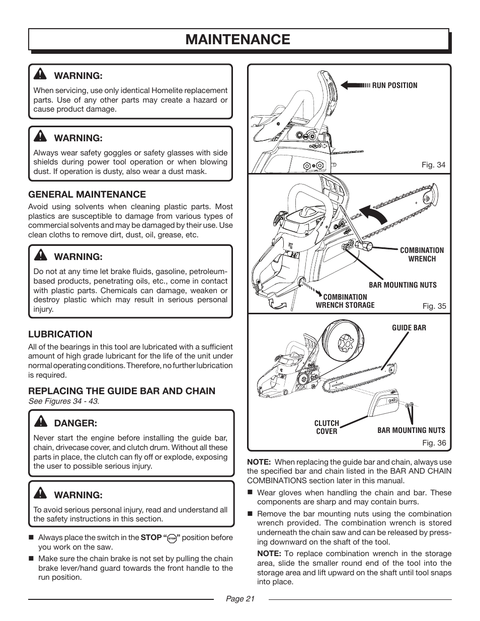 Maintenance | Homelite UT10552 User Manual | Page 21 / 38