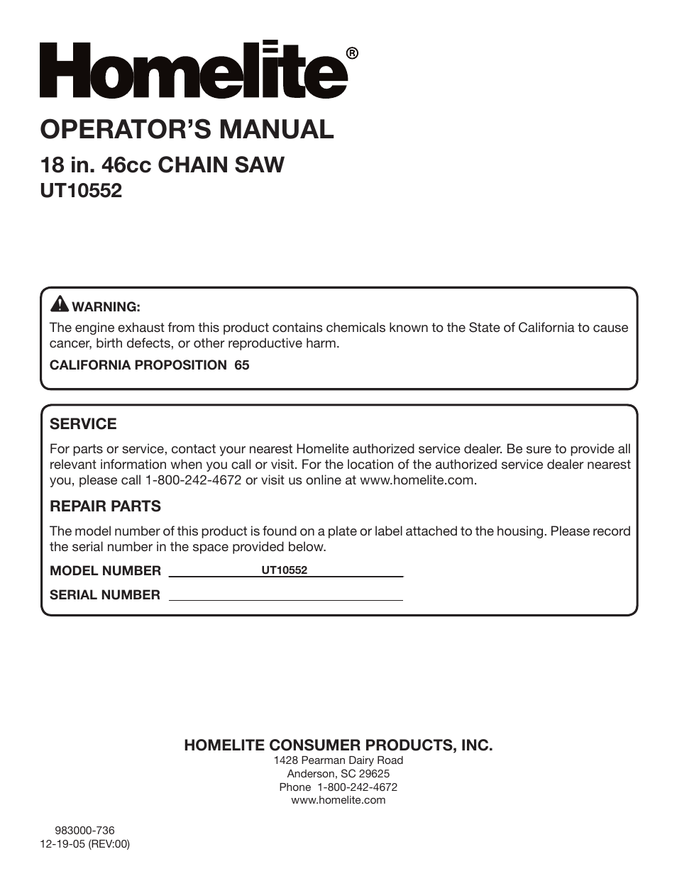 Operator’s manual, 18 in. 46cc chain saw | Homelite UT10552 User Manual | Page 38 / 38