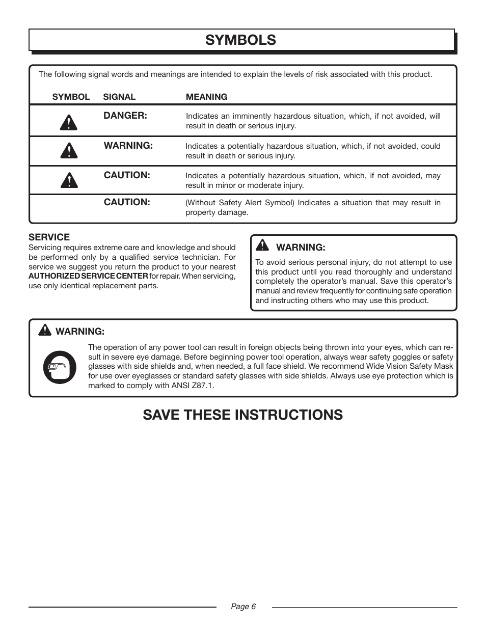 Save these instructions, Symbols | Homelite UT10552 User Manual | Page 6 / 38