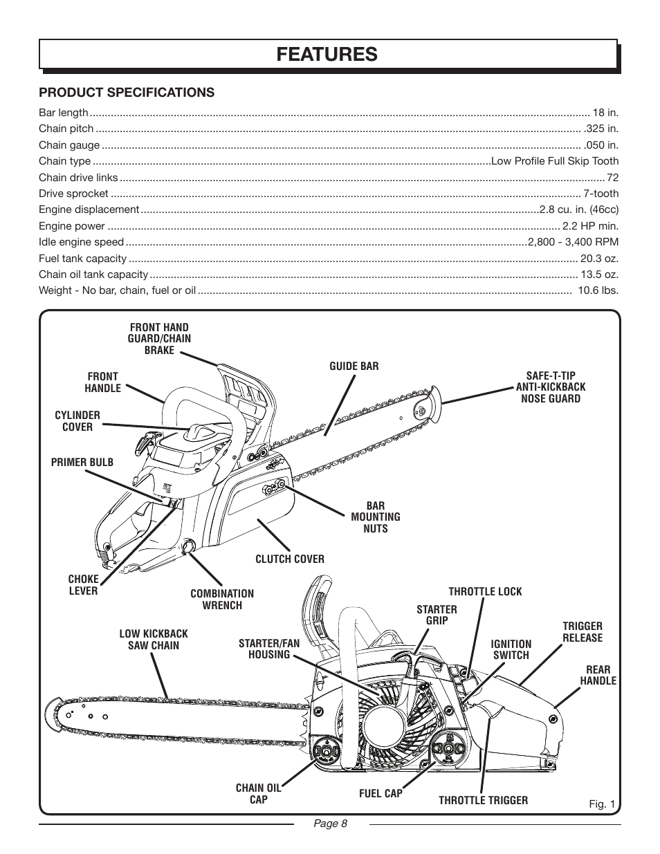 Features | Homelite UT10552 User Manual | Page 8 / 38