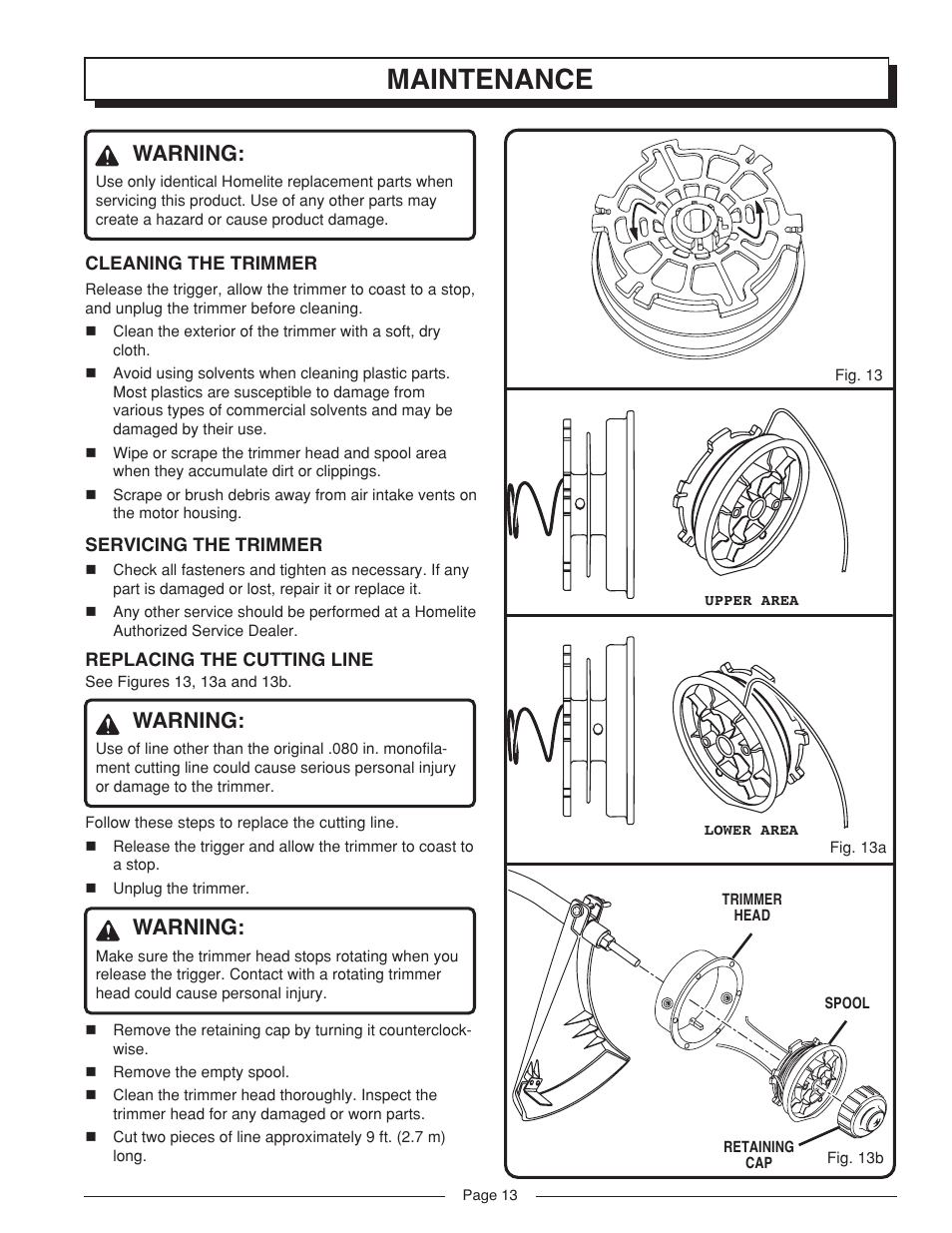 Maintenance, Warning | Homelite VERSALITE UT41002A User Manual | Page 13 / 18