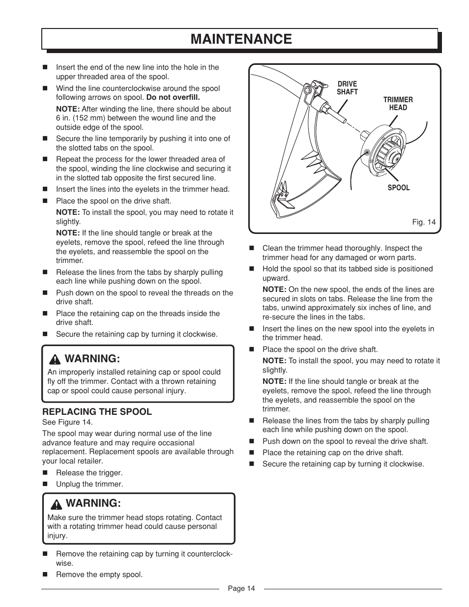 Maintenance, Warning | Homelite VERSALITE UT41002A User Manual | Page 14 / 18
