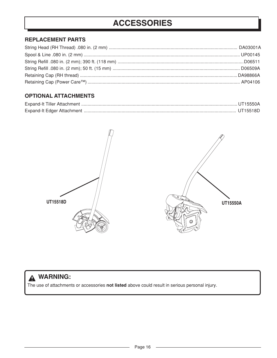 Accessories, Warning | Homelite VERSALITE UT41002A User Manual | Page 16 / 18